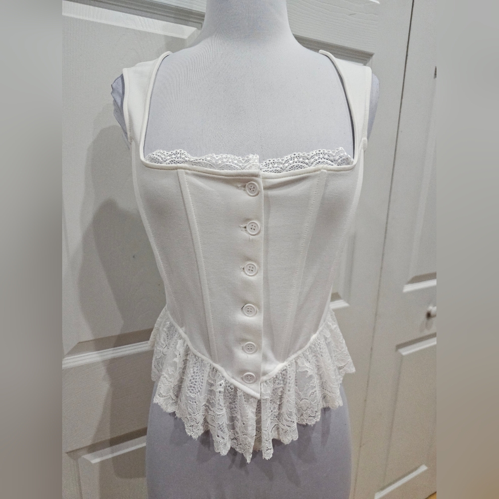 Dolls Kill Current Mood My Wish For You Bustier Button up White Lace trim Top